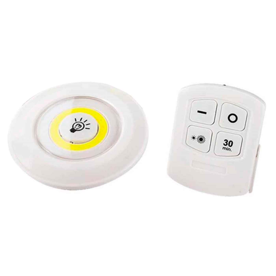 Luz auxiliar COB con mando a distancia color blanco, 3 pilas "AAA" (No incluidas). Luz de 9 cm de diámetro.