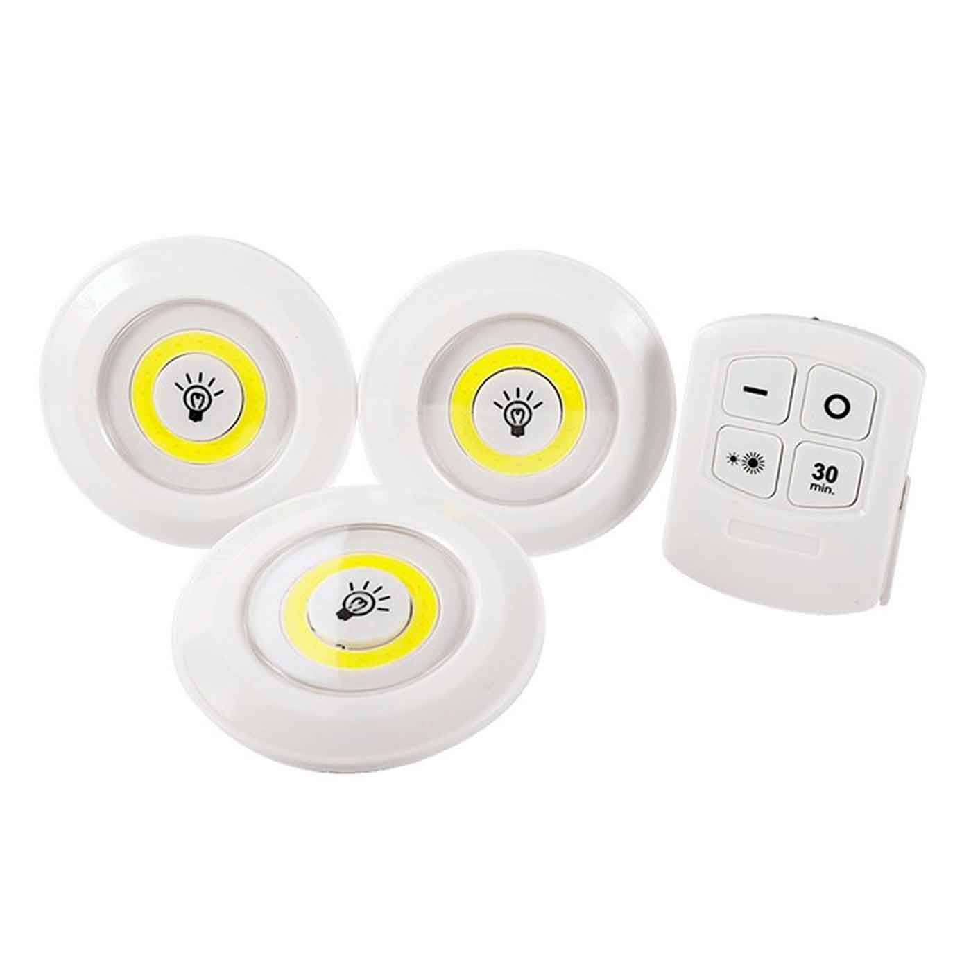 Set de 3 luces de auxiliar COB con mando a distancia, 3 pilas "AAA" (No incluidas). Luz de 9 cm de diámetro.