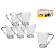 Set de 6 tazas de vidrio con asa metálica 230 ml, juego, pack de tazas para desayuno, café, té, 9,5 x 8,4 cm, resistentes y duraderas, diseño elegante, celebraciones, fiestas