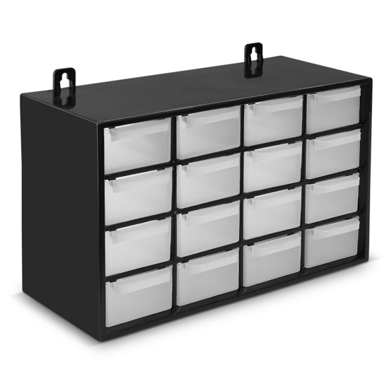 Clasificador apilable con 16 cajones, negro, 17 x 27 x 12 cm. Módulo, estante organizador de plástico para piezas pequeñas, taller, costura