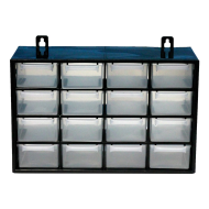 Clasificador apilable con 16 cajones, negro, 17 x 27 x 12 cm. Módulo, estante organizador de plástico para piezas pequeñas, taller, costura