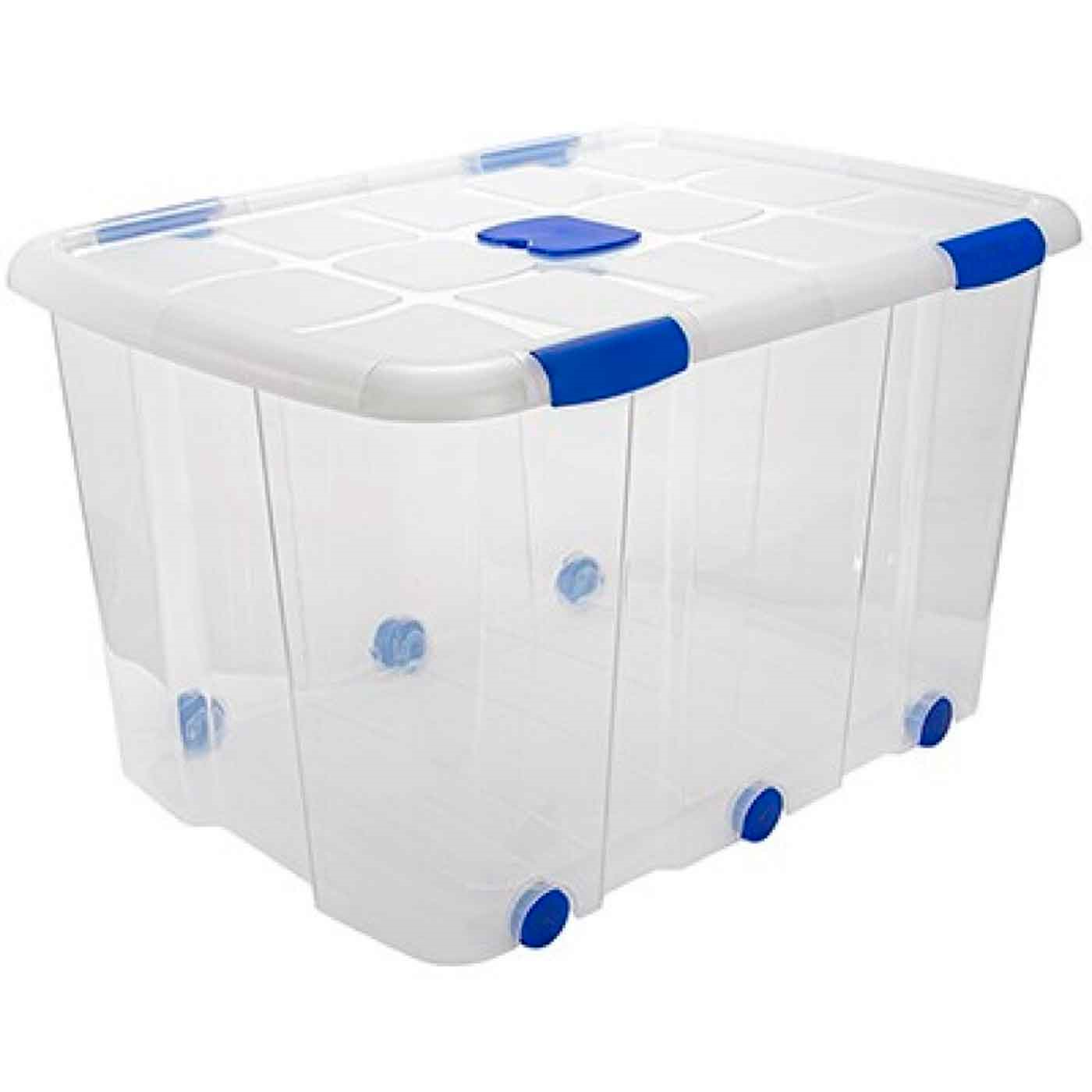 Caja de plastico transparente de almacenamiento con tapa y ruedas nº 16 con 133 litros de capacidad 46.4 x 56.5 x 76.8 cm (alto x profundo x ancho)