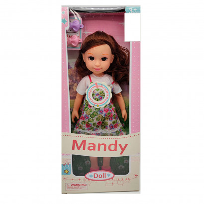 Muñeca mandy doll con sonidos y accesorios, vestidos de colores aleatorios, dimensiones 31 x 11 x 4  cm (alto x ancho x profundo)