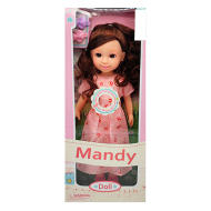 Muñeca mandy doll con sonidos y accesorios, vestidos de colores aleatorios, dimensiones 31 x 11 x 4  cm (alto x ancho x profundo)