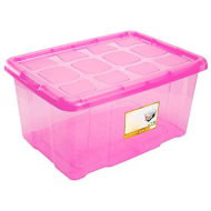 Caja de almacenaje con tapa, plástico translúcido, cajón multiusos, ordenación, almacenamiento de objetos, hogar, 60 litros, 29,7 x 61,5 x 45 cm, rosa