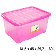 Caja de almacenaje con tapa, plástico translúcido, cajón multiusos, ordenación, almacenamiento de objetos, hogar, 60 litros, 29,7 x 61,5 x 45 cm, rosa