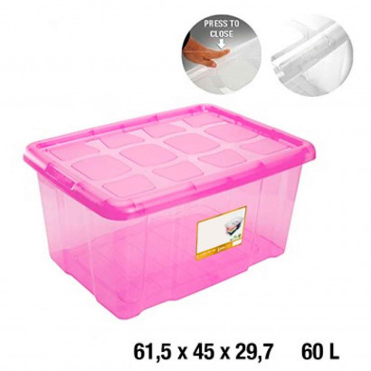 Caja de almacenaje con tapa, plástico translúcido, cajón multiusos, ordenación, almacenamiento de objetos, hogar, 60 litros, 29,7 x 61,5 x 45 cm, rosa