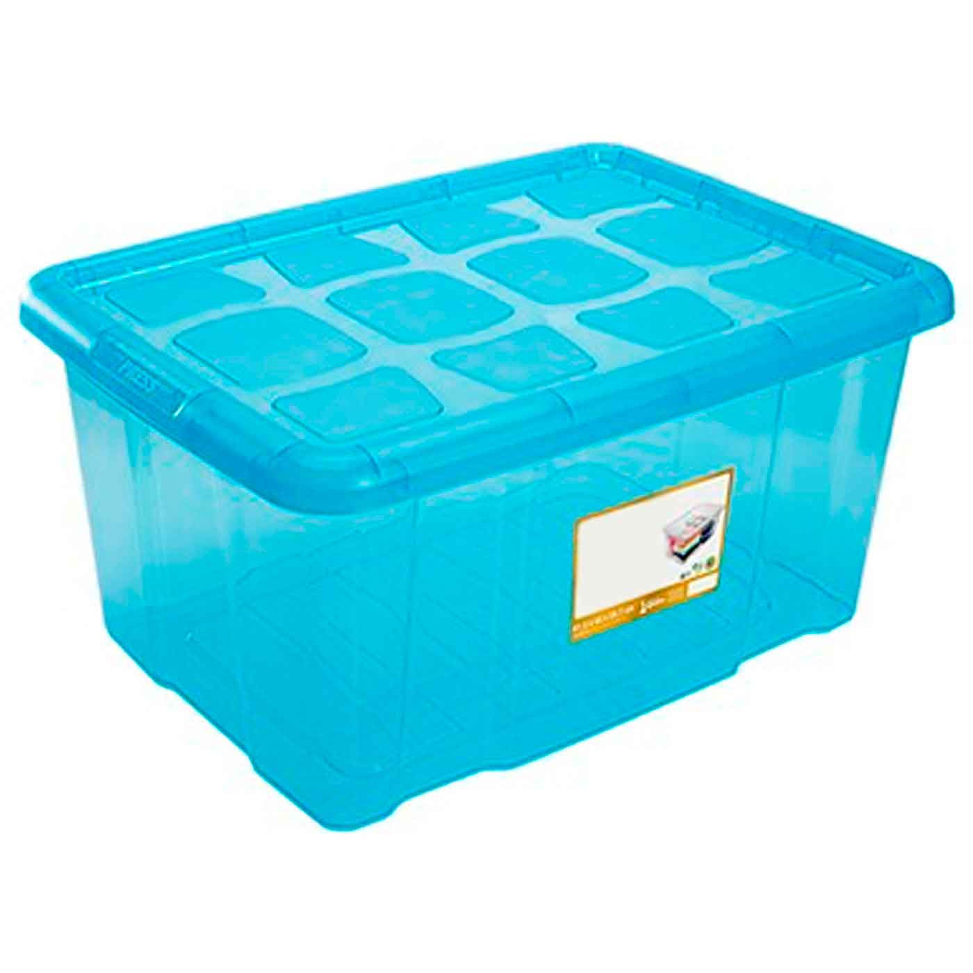 Caja almacenaje con tapa, plástico translúcido, cajón multiusos, ordenación, almacenamiento de objetos, hogar, 60 litros, 29,7 x 61,5 x 45 cm, azul