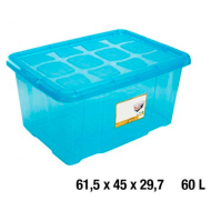 Caja almacenaje con tapa, plástico translúcido, cajón multiusos, ordenación, almacenamiento de objetos, hogar, 60 litros, 29,7 x 61,5 x 45 cm, azul