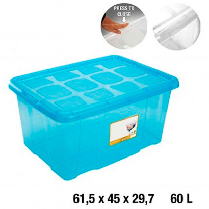 Caja almacenaje con tapa, plástico translúcido, cajón multiusos, ordenación, almacenamiento de objetos, hogar, 60 litros, 29,7 x 61,5 x 45 cm, azul