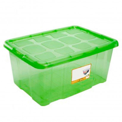 Caja para almacenaje con tapa, plástico translúcido, cajón multiusos, ordenación, almacenamiento objetos, hogar, 60 litros, 29,7 x 61,5 x 45 cm, verde