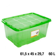 Caja para almacenaje con tapa, plástico translúcido, cajón multiusos, ordenación, almacenamiento objetos, hogar, 60 litros, 29,7 x 61,5 x 45 cm, verde