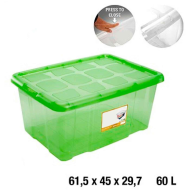 Caja para almacenaje con tapa, plástico translúcido, cajón multiusos, ordenación, almacenamiento objetos, hogar, 60 litros, 29,7 x 61,5 x 45 cm, verde