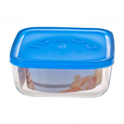 Fiambrera cuadrada de vidrio 15 x 15 x 6,2 cm, modelo Igloo, tapa de plástico azul, recipiente para alimentos apto para lavavajillas, microondas y congelador