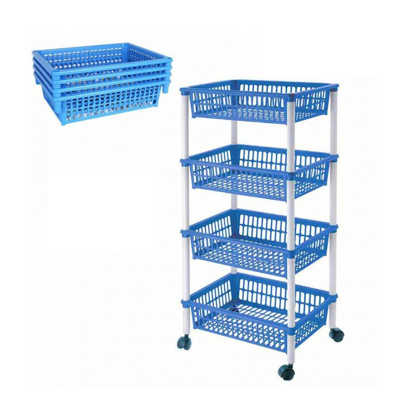 Carro verdulero Modelo PLFT azul con ruedas 4 cestas 85 x 39,5 x 29,5 cm . Carrito portaobjetos estantes multiusos para organizar los espacios domésticos, ideal para baño, cocina, sala y garaje