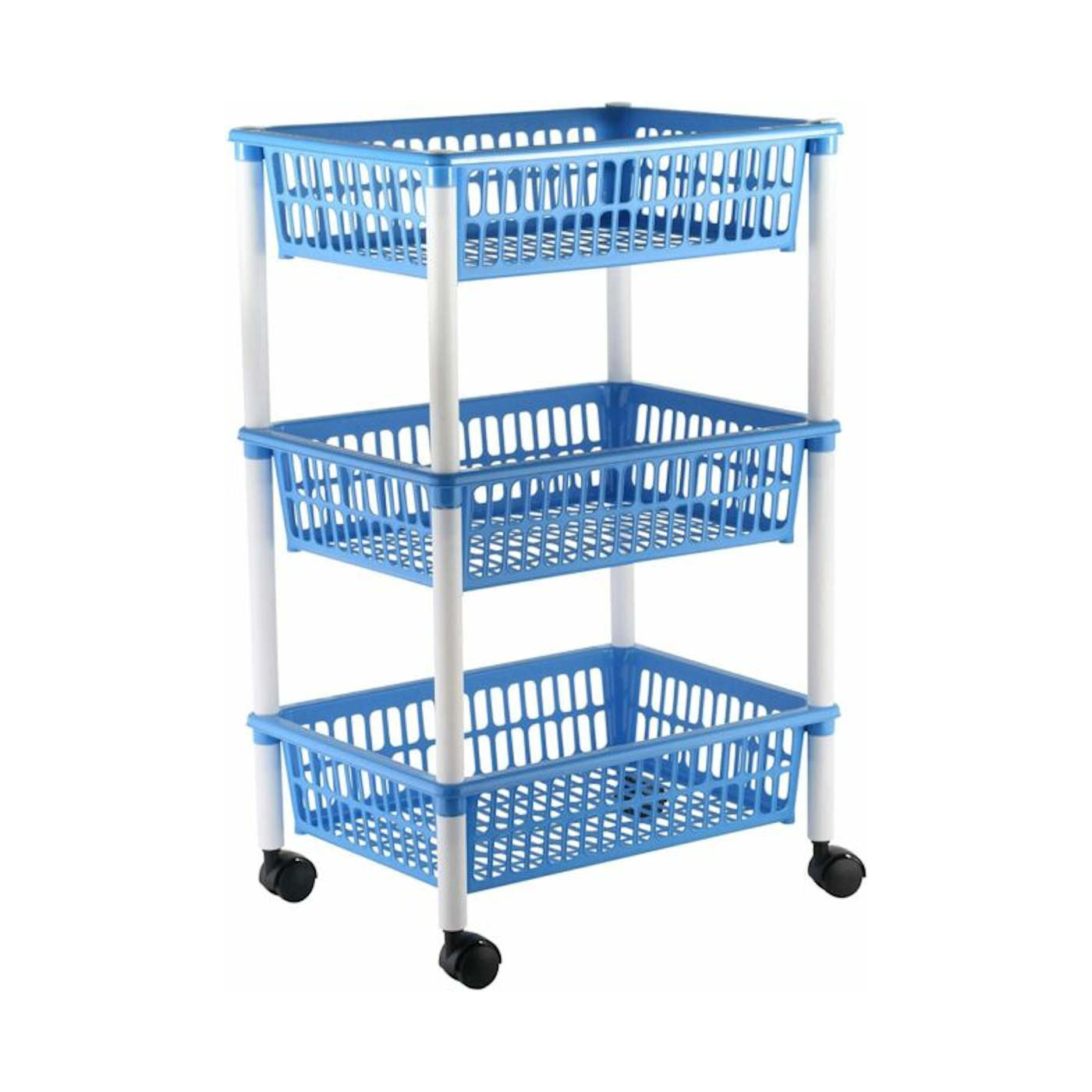 Carro verdulero Modelo PLFT azul con ruedas 3 cestas 62 x 40 x 29 cm . Carrito portaobjetos estantes multiusos para organizar los espacios domésticos, ideal para baño, cocina, sala y garaje