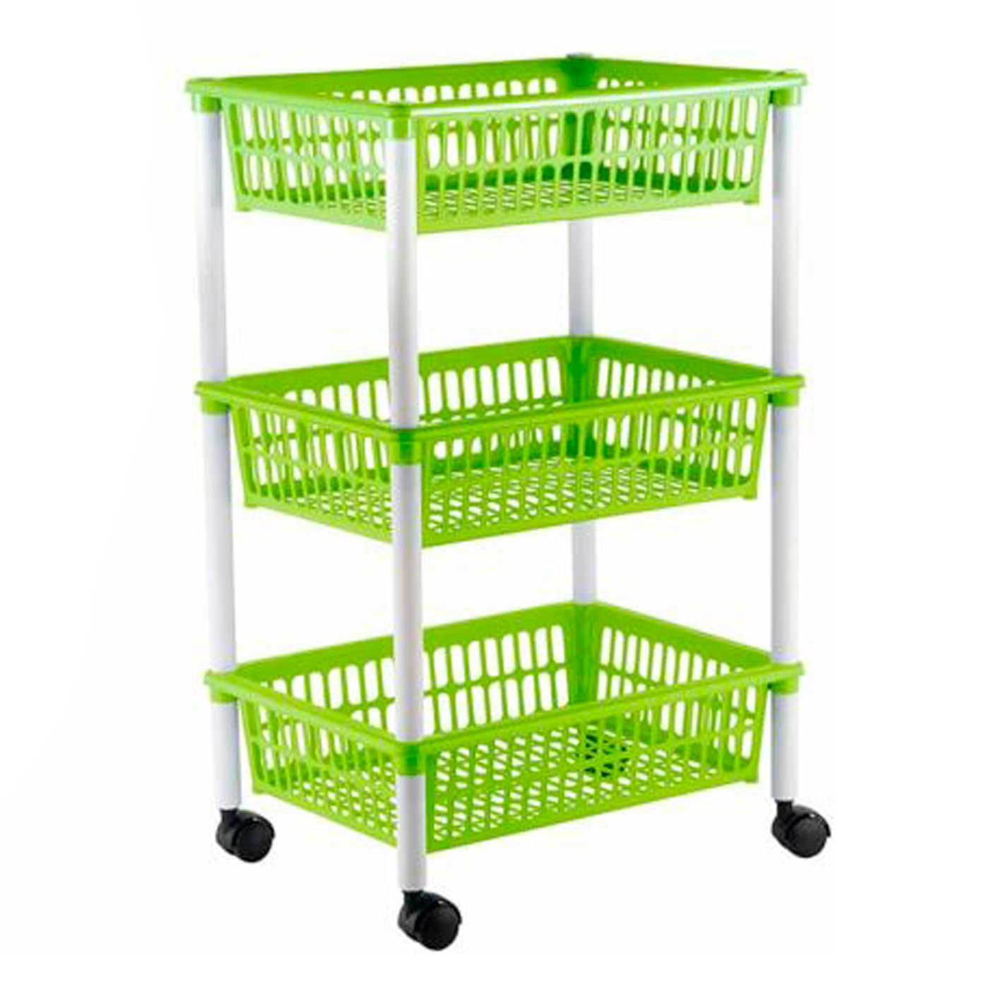 Carro verdulero Modelo PLFT verde con ruedas 3 cestas 62 x 40 x 29 cm . Carrito portaobjetos estantes multiusos para organizar los espacios domésticos, ideal para baño, cocina, sala y garaje