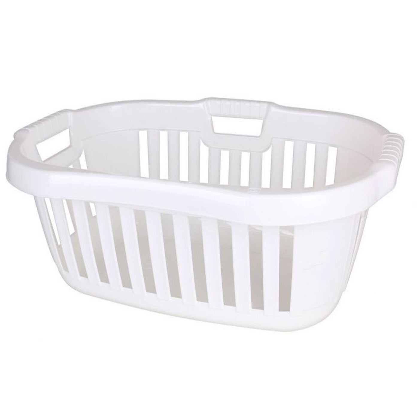 Cesta redondeada de color blanco para la ropa de 66 x 44 x 25 cm con capacidad de 50 litros. Cesto de plástico para la colada con asa para transportarla. Capacho para el hogar.