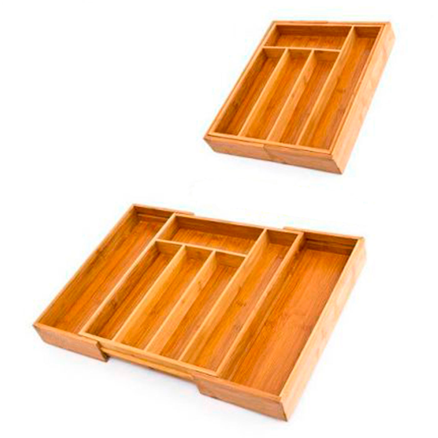 Cubertero, organizador de cubiertos de bambú extensible 5 a 7 compartimentos, 46 x 43 x 5 cm. Bandeja, porta utensilios de madera para cajón cocina