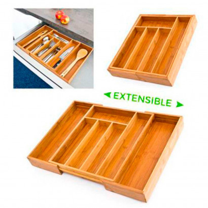 Cubertero, organizador de cubiertos de bambú extensible 5 a 7 compartimentos, 46 x 43 x 5 cm. Bandeja, porta utensilios de madera para cajón cocina