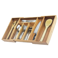 Cubertero, organizador de cubiertos de bambú extensible 5 a 7 compartimentos, 46 x 43 x 5 cm. Bandeja, porta utensilios de madera para cajón cocina