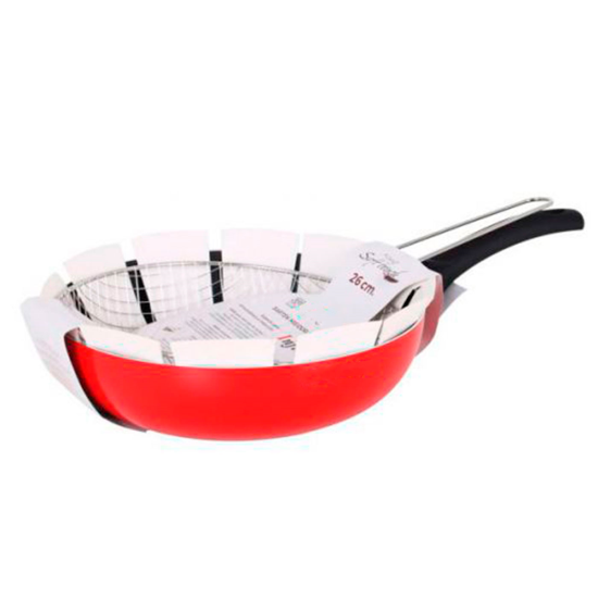 Sartén freidora con cesto 26 cm. Sartén honda antiadherente con cestillo, especial vitro e inducción, apta para todo tipo de cocinas (Rojo)