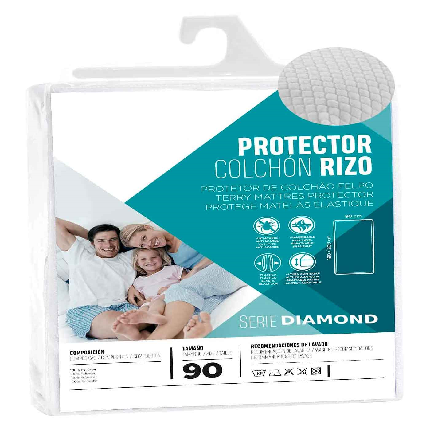 Protector rizo colchon ajustable 190/200 x 90CM antiácaros altura adaptable 100% Poliéster apto para planchar