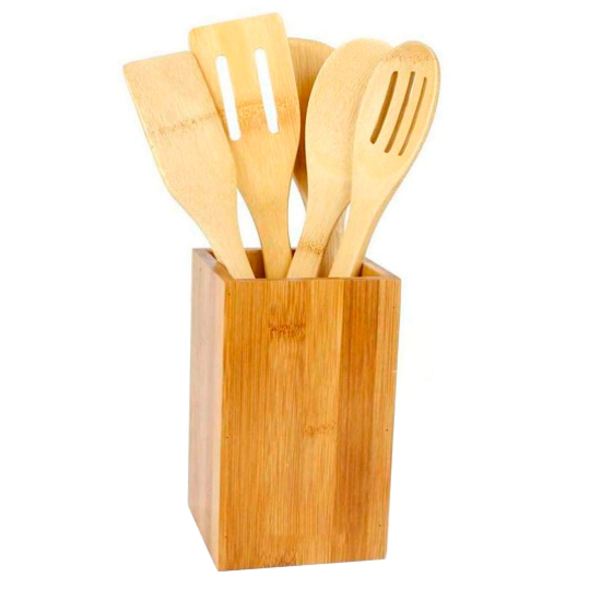 Set de 5 utensilios de cocina, madera de bambú, 30 cm, con soporte de 16 x 10 x 10 cm, cucharas y espátulas ranuradas y lisas con agujero para colgar, palas para cocinar