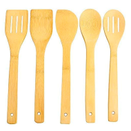 Set de 5 utensilios de cocina, madera de bambú, 30 cm, con soporte de 16 x 10 x 10 cm, cucharas y espátulas ranuradas y lisas con agujero para colgar, palas para cocinar