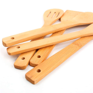 Set de 5 utensilios de cocina, madera de bambú, 30 cm, con soporte de 16 x 10 x 10 cm, cucharas y espátulas ranuradas y lisas con agujero para colgar, palas para cocinar