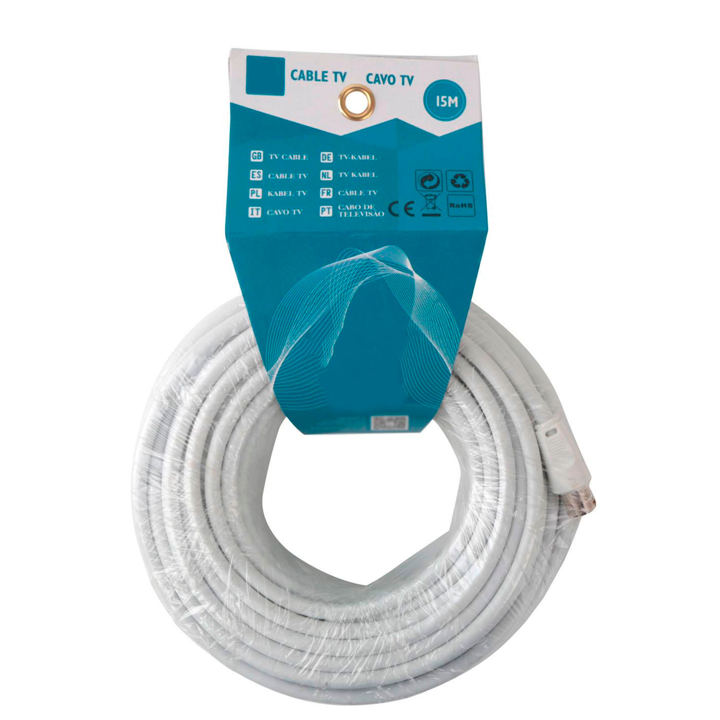 Cable de tv de 15 metros de color blanco con salidas macho y hembra. Cable coaxial para conexión con antena de tv de color blanco. Cabo de televisión con distintas salidas.