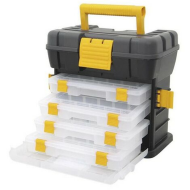 Caja de color negro y amarillo de herramientas de 25,5 x 28 x 17,5 cm con varios compratimentos individuales.Arcón especial para bricolaje con distintas divisiones para guardar o almacenar utensilios.