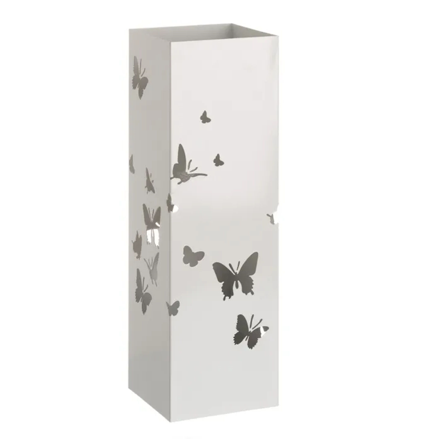 Paragüero metálico cuadrado diseño de mariposas 49 x 15,5 cm, estilo moderno, soporte para paraguas con recipiente de plástico, ideal para recibidor, oficina, espacios públicos, hogar, color aleatorio