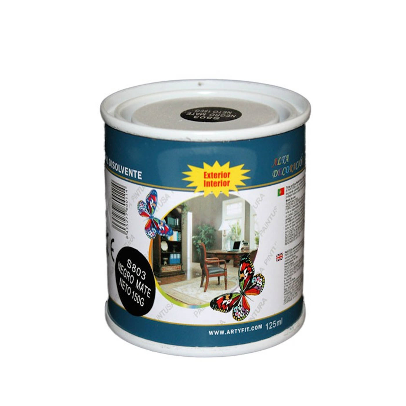 Paintusa -  Bote de pintura esmaltada negro mate S803 125 ml, válido para multitud de superficies de interior y exterior. Esmalte al disolvente, válido para distintos materiales de 6,5 x 6,7 x6,7 cm