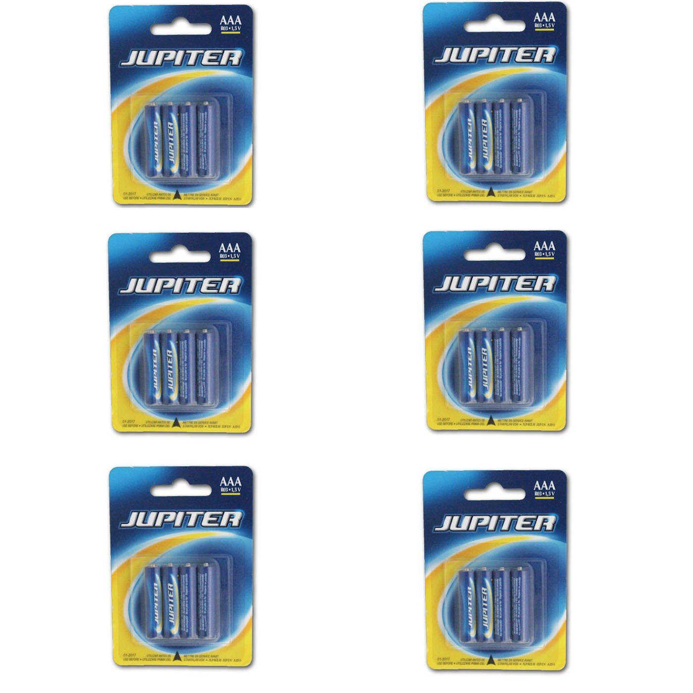 Juego de 6 packs de 4 pilas AAA, r03, 1,5 v "júpiter" ideal para el hogar. Set de 24 pilas no recargables, para una gran diversidad de productos. 24 pilas AAA para diferentes aparatos electronicos