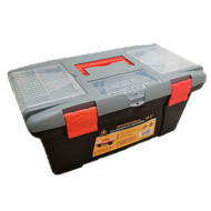 Caja de color negro y rojo de herramientas de 24,5 x 49 x 26 cm con varios compratimentos individuales. Arcón especial para bricolaje con distintas divisiones para guardar o almacenar utensilios.