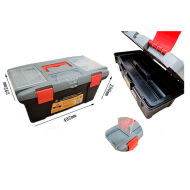 Caja de color negro y rojo de herramientas de 24,5 x 49 x 26 cm con varios compratimentos individuales. Arcón especial para bricolaje con distintas divisiones para guardar o almacenar utensilios.