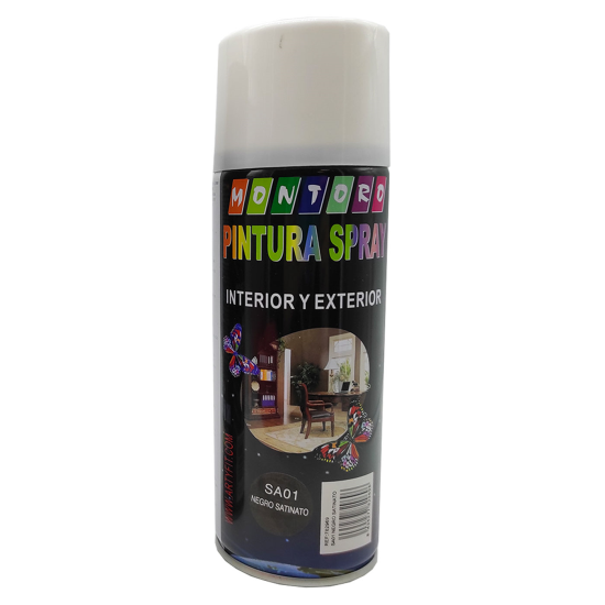 Montoro - Bote de pintura en spray negro satinado SA01 400 ml, válido para multitud de superficies de interior y exterior. Pintura en spray, válida para distintos materiales de 20 x 6,5 x 6,5 cm