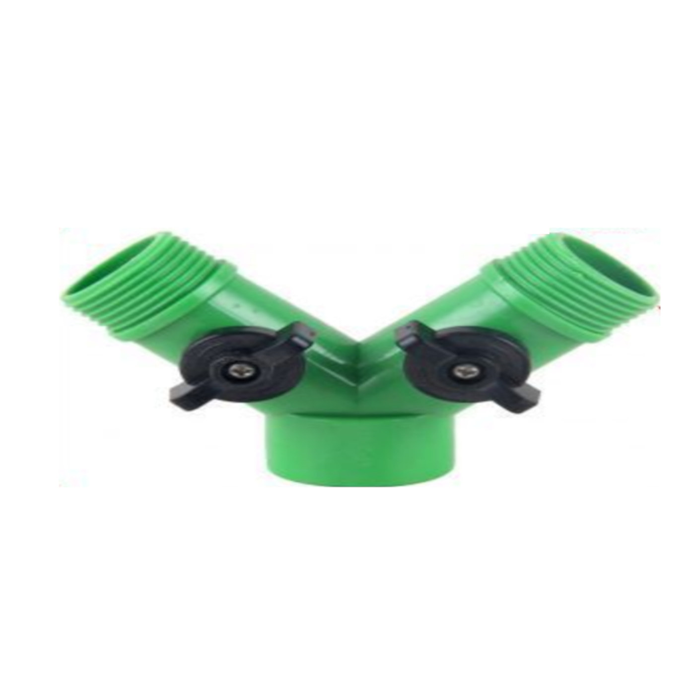 Conector de manguera doble de 7 x 7,5 cm, color verde y con regulador individual en forma de "Y". Herramienta para regado y cuidado de jardín. Accesorio para labores de mantenimiento de campos.