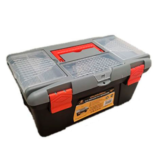 Caja de color negro y rojo de herramientas de 18 x 40 x 23 cm con varios compratimentos individuales. Arcón especial para bricolaje con distintas divisiones para guardar o almacenar utensilios.