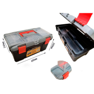 Caja de color negro y rojo de herramientas de 18 x 40 x 23 cm con varios compratimentos individuales. Arcón especial para bricolaje con distintas divisiones para guardar o almacenar utensilios.