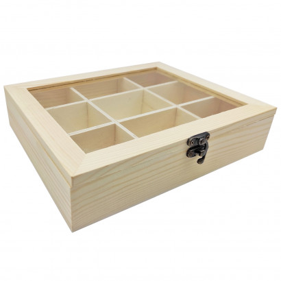 Tradineur - Caja de madera con 9 compartimentos y tapa con cristal, expositor de joyas, organizador, joyero, collares, relojes, 4,8 x 21,2 x 17,9 cm