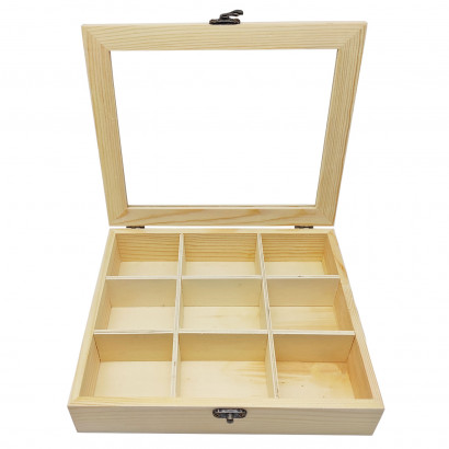 Tradineur - Caja de madera con 9 compartimentos y tapa con cristal, expositor de joyas, organizador, joyero, collares, relojes, 4,8 x 21,2 x 17,9 cm