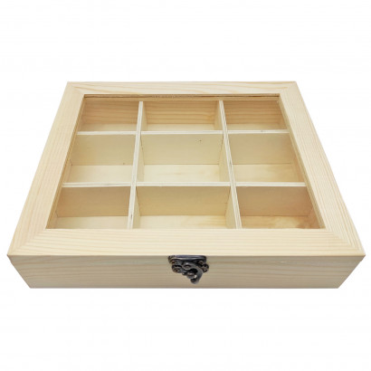 Tradineur - Caja de madera con 9 compartimentos y tapa con cristal, expositor de joyas, organizador, joyero, collares, relojes, 4,8 x 21,2 x 17,9 cm