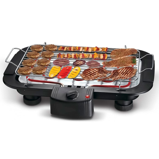 Tradineur - Barbacoa eléctrica portátil con bandeja antigoteo, parrilla con termostato ajustable, fácil de limpiar, superficie de 38 x 22 cm, 2000 W