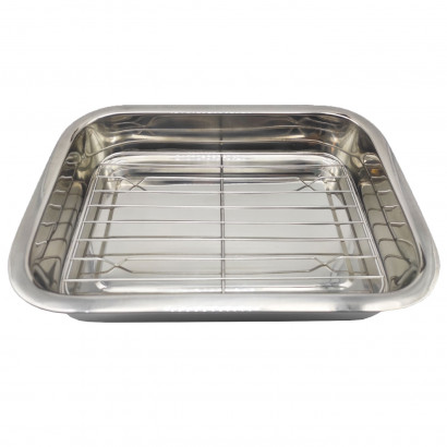 Tradineur - Bandeja de horno de acero inoxidable con grill y asas abatibles, fuente rectangular para asar con rejilla, rustidera de cocina, 30 cm