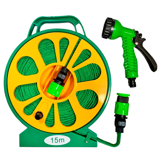 Tradineur - Manguera de riego enrollable con pistola y carrete porta manguera con asa, 7 funciones, regar jardín, labores agrícolas, 15 m