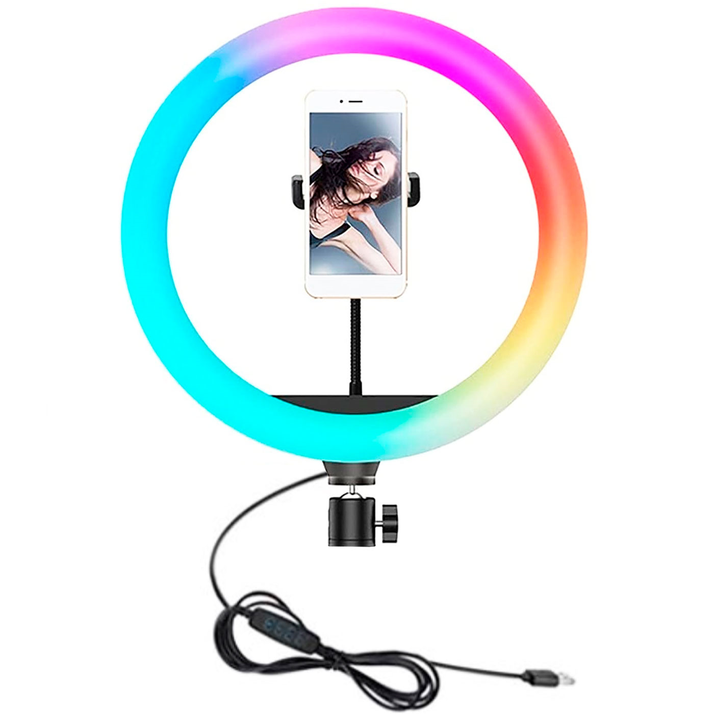 Anillo de luz multicolor LED, aro iluminación fotográfica con soporte para móvil, videoconferencia, selfie, Tik Tok, maquillaje, Youtube Live, Ø 26 cm