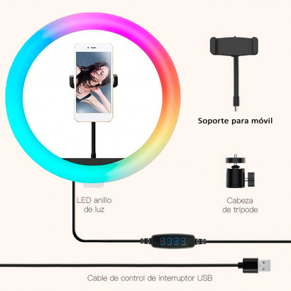 Anillo de luz multicolor LED, aro iluminación fotográfica con soporte para móvil, videoconferencia, selfie, Tik Tok, maquillaje, Youtube Live, Ø 26 cm