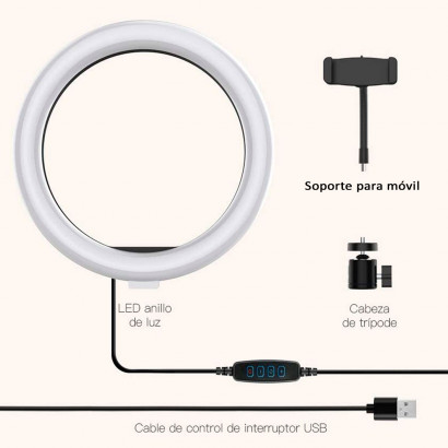 Anillo, aro de luz LED, iluminación fotográfica con soporte para móvil, videoconferencia, selfie, Tik Tok, maquillaje, Youtube Live, Ø 26 cm